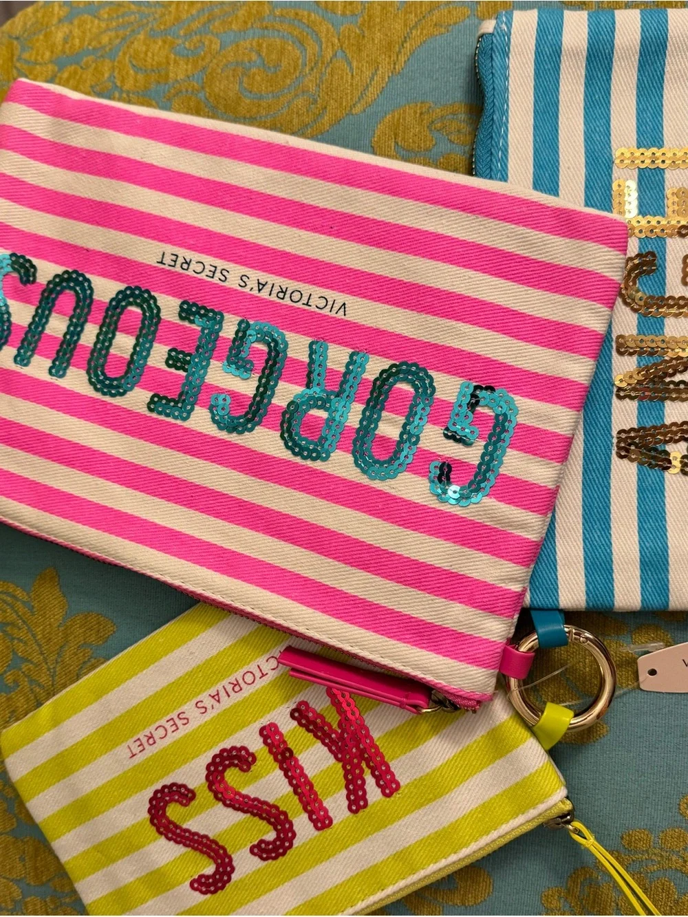 NWT Victoria's Secret Set Of 3 Striped Sequin Pouches - Blue, Pink, Lime Green